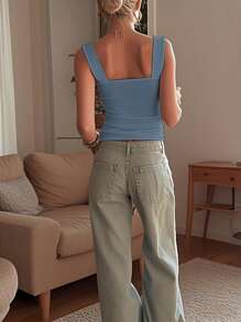 SHEIN EZwear 纯色蕾丝拼接褶皱优雅背心，适合夏季 - 霧霾藍 - 查看 2