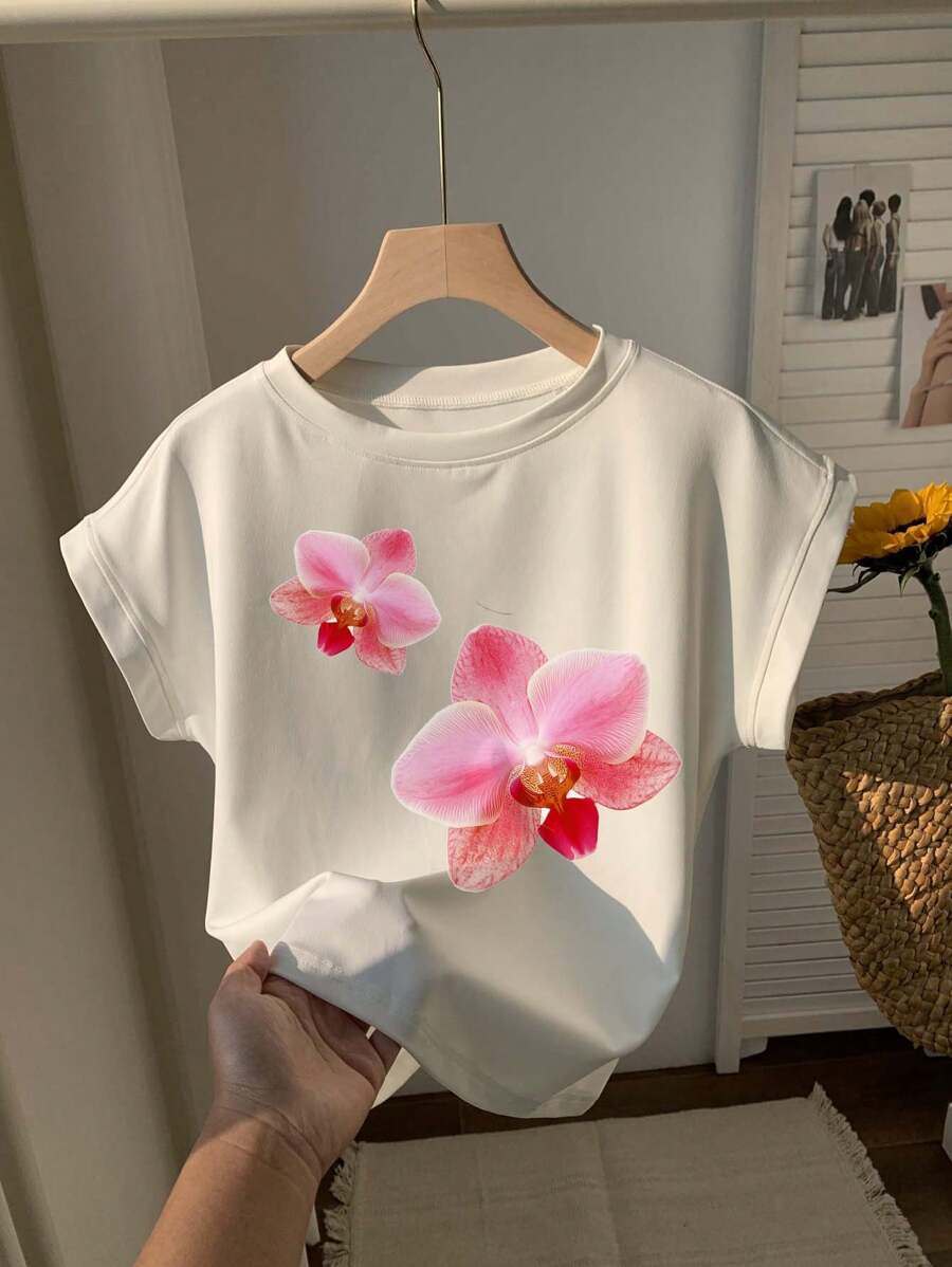 SHEIN EZwear Women's Casual Simple Cropped Short Sleeve Round Neck Loose T-Shirt Graphic Tee - White - View 1