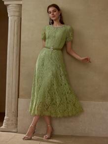 MOTF Vestido con Detalles de Encaje, Aplicaciones de Rhinestone y Dobladillo Acampanado con Cinturón - Verde - Ver 5