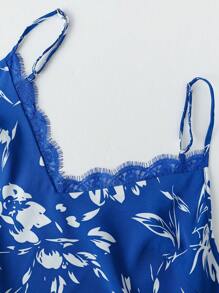 SHEIN VCAY 大码女式夏季假日印花撞色蕾丝吊带背心 - 藍色 - 查看 3