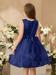 SHEIN Wedding Flower Girl New Style Girls Princess Tulle Puffy Dress, Vest Piano Performance Costume - Navy Blue - View 2