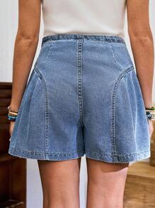 LanaWest Women Blue Pleated Ruffled High Waist Casual Summer Fashion Denim Shorts - Blue - View 2