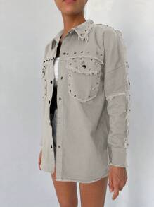 Cottnline Chaqueta De Mezclilla Para Mujer Con Tachuelas Y Borde Deshilachado - Blanco - Ver 4