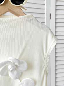SHEIN Tween Girl Elegant Floral 3D Short Sleeve Knit T-Shirt With Stand Collar - White - View 7