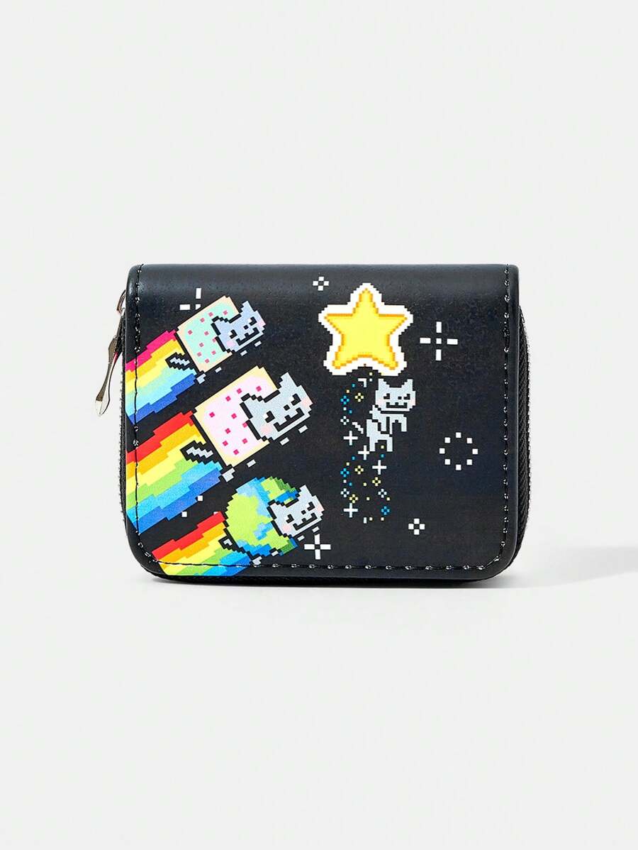 Nyan Cat X SHEIN 1件黑色星星和卡通猫图案时尚短钱包