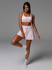 Athîral Women Casual Solid Color Drawstring High Waist Patchwork Pocket Sports Skorts