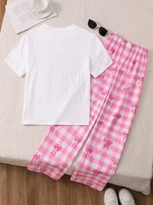 Sparklyn 2 件套青少年女孩蝴蝶结短袖 T 恤 + 蝴蝶结和格子印花长裤休闲甜美服装套装