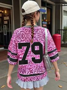 INAWLY 女士字母 V 领落肩粉色豹纹宽松运动 T 恤