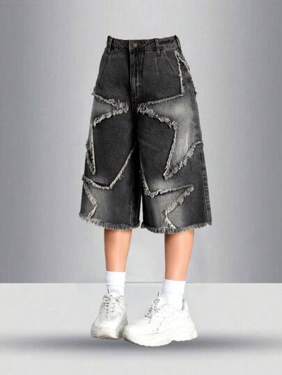 SHEIN Shorts vaqueros capri de tiro bajo con estampado de estrellas estilo Y2K para adolescentes, casuales y de moda para uso diario, escuela, streetwear, primavera y verano