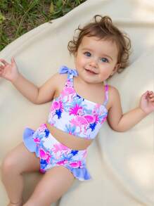 SHEIN Infant/Baby Girl2-Piece Swimsuit Set: Bowknot & Flamingo Print Sleeveless Top With Ruffle Trim & Triangle Print Bottoms