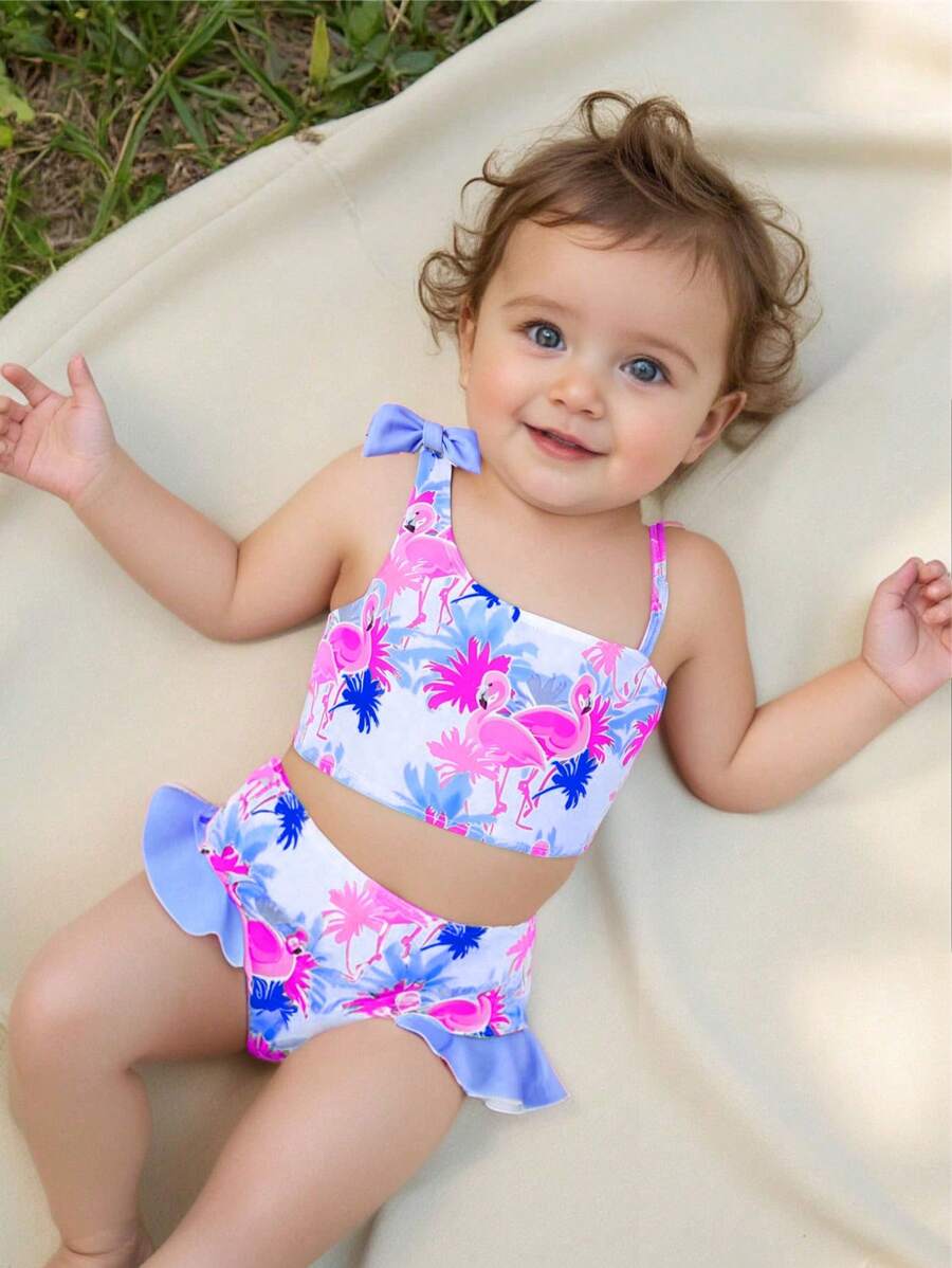 SHEIN Infant/Baby Girl2-Piece Swimsuit Set: Bowknot & Flamingo Print Sleeveless Top With Ruffle Trim & Triangle Print Bottoms