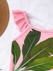 SHEIN Young Girl Ditsy Floral Ruffled Crew Neck One-Piece Swimsuit - Hot Pink - View 4