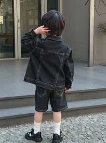 2件套男童黑色水洗牛仔长袖夹克和短裤休闲装