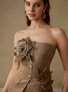 MOTF PREMIUM ملابس علوية مزينة بأزهار خرزية ثلاثية الأبعاد أنيقة للنساء - كاكي - مشاهدة 4