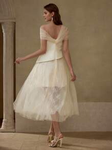 MOTF Soiréza Durchsichtiges Mesh-Asymmetrisches Schulter-Peplum Taille Spitze Glockenrock Cocktailkleid