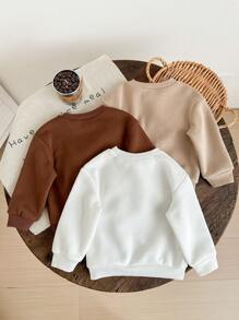 SHEIN LMoss Kids LMoss 3 件套女婴纯色可爱保暖内衬圆领长袖运动衫，秋冬 - 白色 - 查看 2