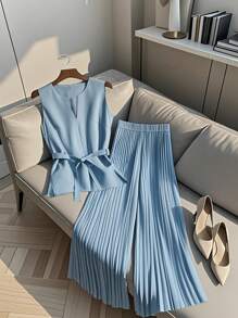 Franclia 女士休闲腰带无袖 V 领上衣和褶皱松紧腰直筒裤套装