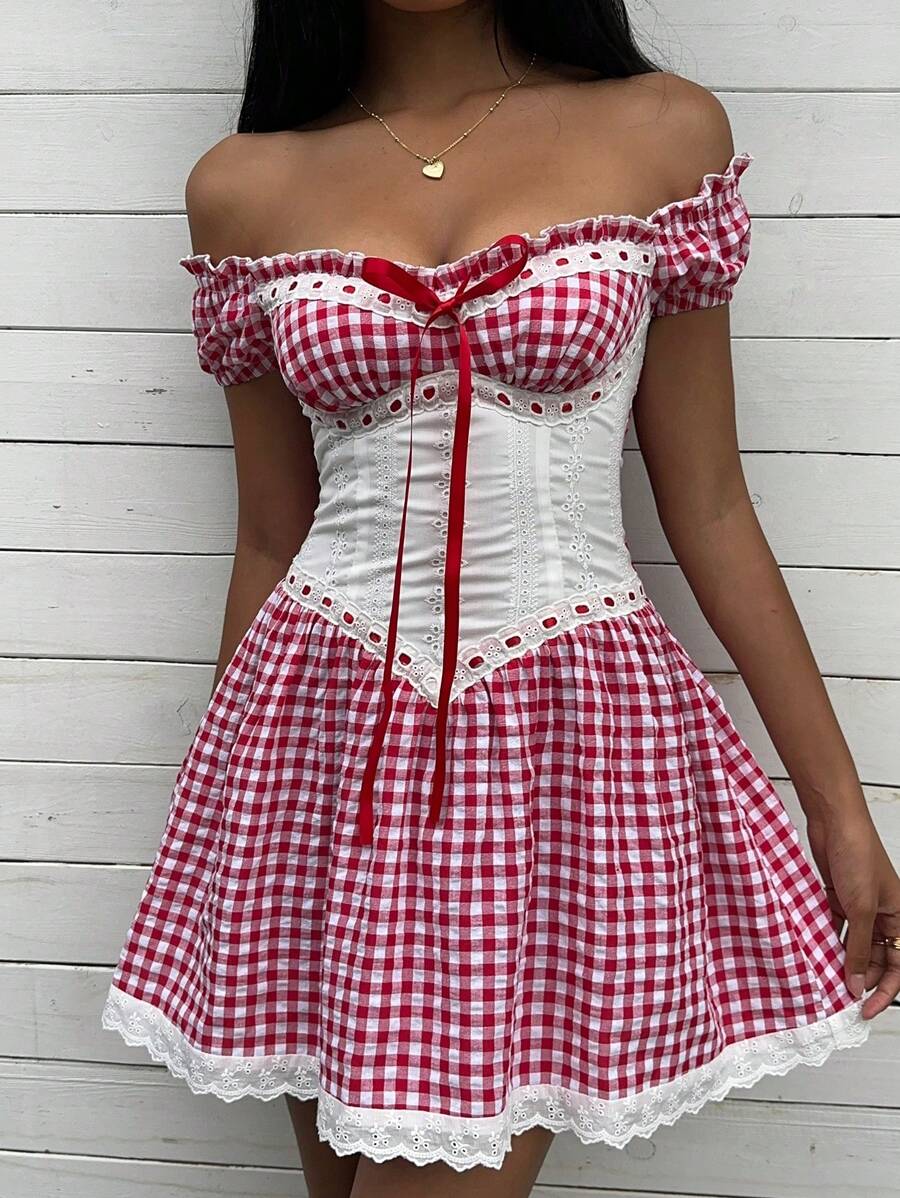 Comfortcana 女式休闲格子拼布露肩迷你连衣裙，夏季