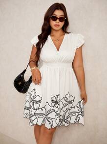 Elaquor Plus Size Women Summer Floral Print V-Neck Ruffle Hem Dress - Apricot - View 3