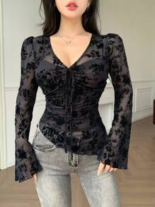 DAZY Ditsy Floral Asymmetric Hem Drawstring V-Neck Fitted Blouse With Bell Sleeves, Suitable For Spring & Summer Long Sleeve Women Tops,Fall Women Clothes