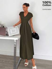 Siren Gaze Đầm dài vải lanh màu bó eo thoải mái bằng cotton cho nữ, mùa hè - xanh quân đội - Xem 3