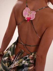 SHEIN BAE Women's Backless Hanging Neck Extra Long Dress,Olive Green,Summer,70s Retro,Party,Vacation,Full Print Butterfly Orchid Ornaments Bohemian Style - Pink - View 6