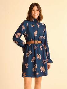 CAJUNI Damen Boho Urlaubs Tropical Floral Muster Kleid mit hohem Kragen, Langarm, Taillenzug und A-Linie, dunkelgrün