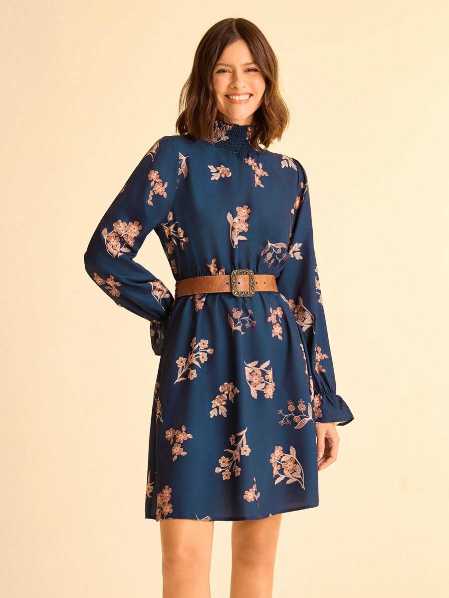 CAJUNI Damen Boho Urlaubs Tropical Floral Muster Kleid mit hohem Kragen, Langarm, Taillenzug und A-Linie, dunkelgrün