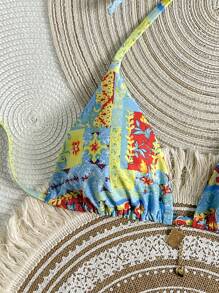 Swim Mod Retro Printed String Tie Triangle Bikini Top, Women Summer Swimwear - Multicolor - View 3