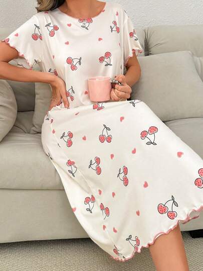 SHEIN Körsbärsmönstrad Kontrastfärgad Volangnedskärning Kortärmad Nattlinne Dam, Moo Moo