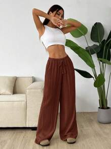 SHEIN EZwear 大码休闲百搭纯色阔腿裤 - 棕色 - 查看 4