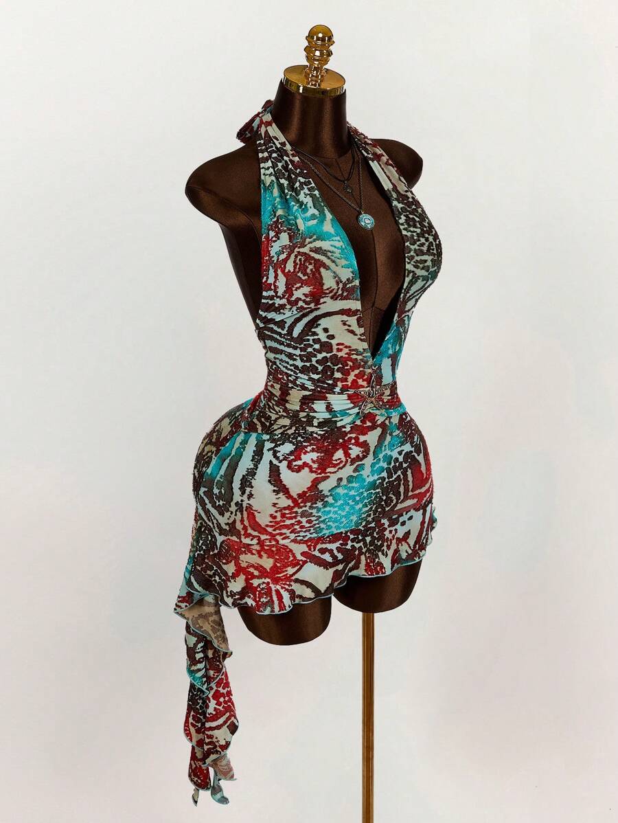 Amplova Vestido corto de mujer con estampado, cuello halter y espalda descubierta