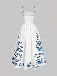 SHEIN MOD 女士优雅花卉印花无袖长裙，夏季 - 藍色 - 查看 2