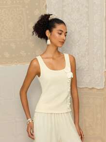SHEIN MOD Apricot Crochet Material Round Neck Floral Decor Top - Apricot - View 4