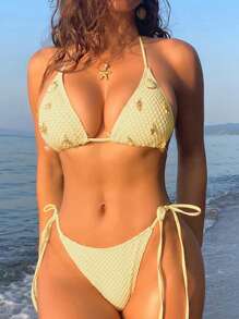 Swim Mod 2025 新款夏季女式两件套比基尼套装，带海洋贝壳、海马、珍珠吊坠的沙滩泳衣，网眼面料，性感波西米亚风格沙滩度假泳装