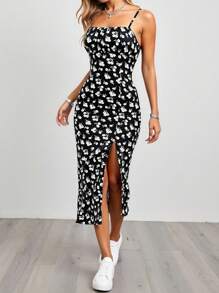 Women's Black Ditsy Floral Side Slit Adjustable Spaghetti Strap Dress - Multicolor - View 4