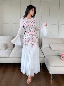 Modelyn 女式花卉印花圆领喇叭袖蕾丝边修身摆裙，春夏 - 彩色 - 查看 6
