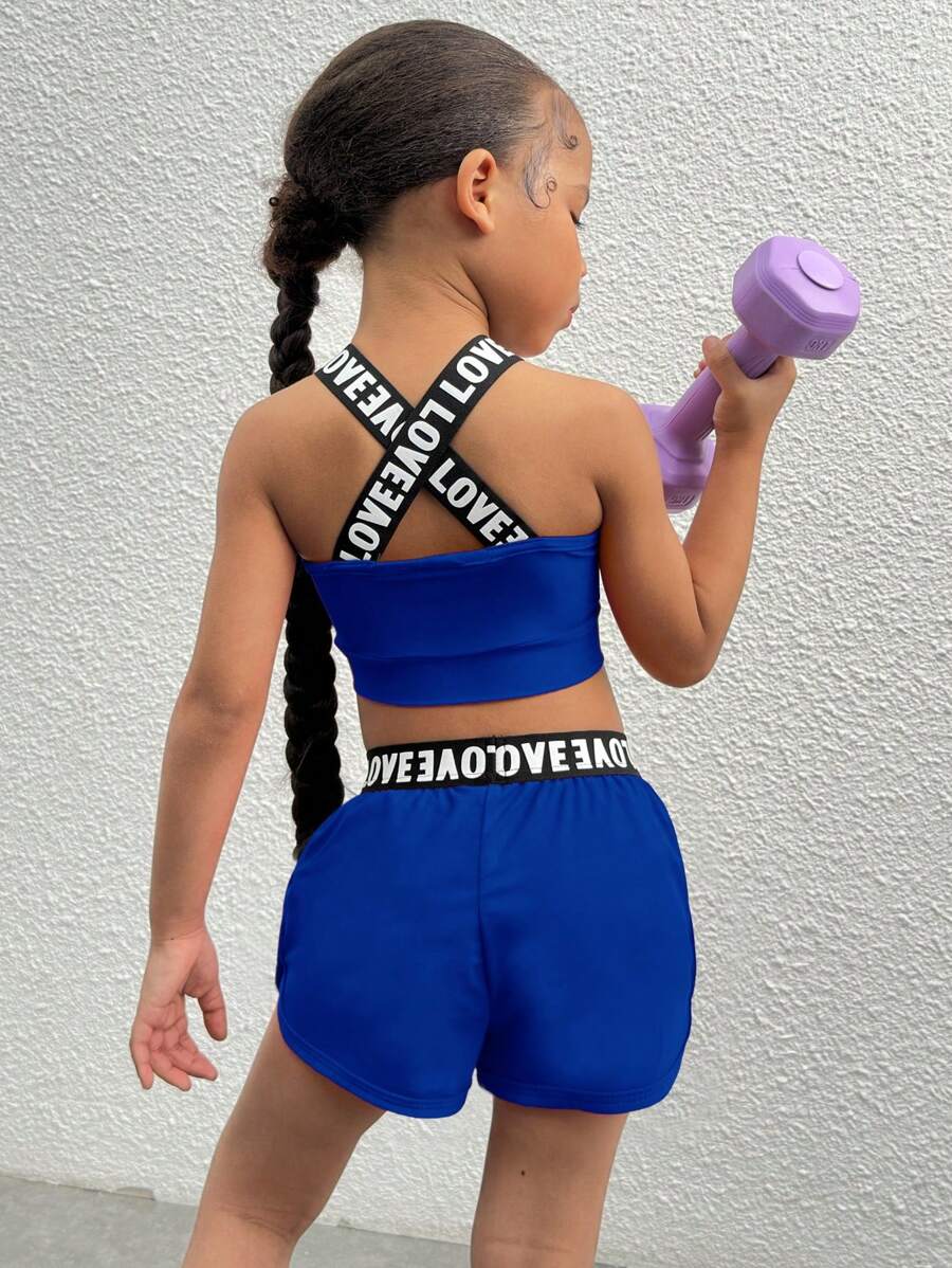 SHEIN Leap Crew 2pcs Girls Solid Color Letter Print Elastic Waist Knit Top And Shorts Sports Set,  Blue  Girls Workout Set. - Blue - View 1