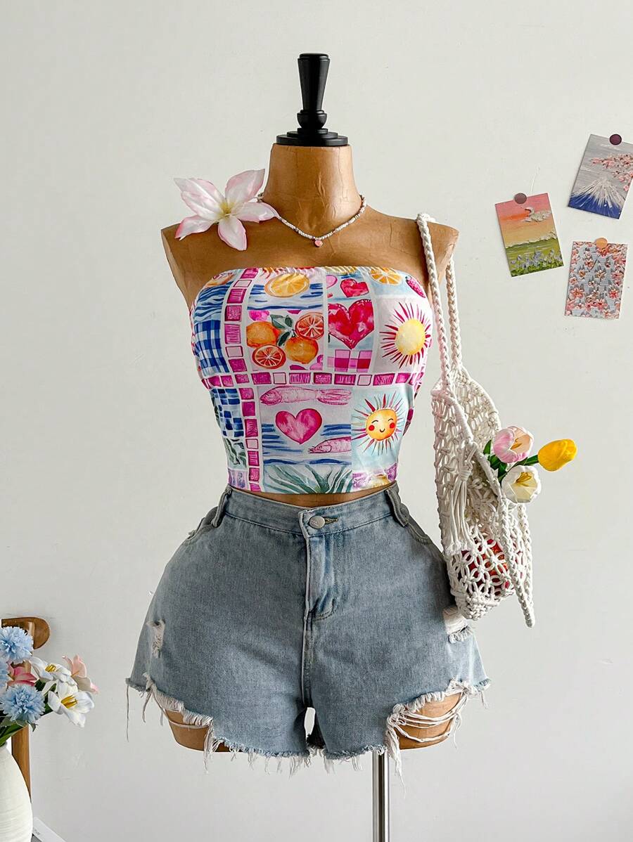 Soleia Plus Size Sun & Heart Print Summer Vacation Tube Top