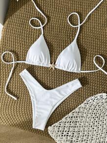 Swim Mod Bộ bikini dây mảnh trang trí kim loại màu trơn gợi cảm cho nữ, mùa hè - trắng - Xem 1