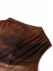 Ellevyn 夏季女式无袖褶皱花卉印花网眼针织连衣裙 - 咖啡 - 查看 5