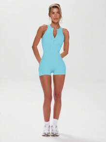 Musera Sport Round Neck Cut Out Back Half Zip Seamless Unitard Active Workout Gym Fitness - Baby Blue - View 5