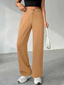 SHEIN EZwear 女式巧克力棕色拉链直筒裤 - 巧克力棕 - 查看 4