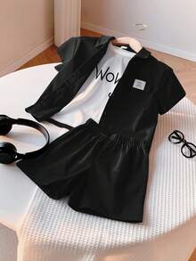 SHEIN Little Byeori 3 件套年轻男童韩版宽松字母印花 Polo 领开衫、T 恤和针织印花背心，适合春夏季日常、运动、郊游、学校、派对、节日、拍照 - 黑色 - 查看 7