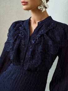 MOTF PREMIUM VESTIDO LARGO CON VOLANTES DE TEXTURA SÓLIDA DE BORDADO Y MALLA, BAJO DE COLA DE SIRENA
