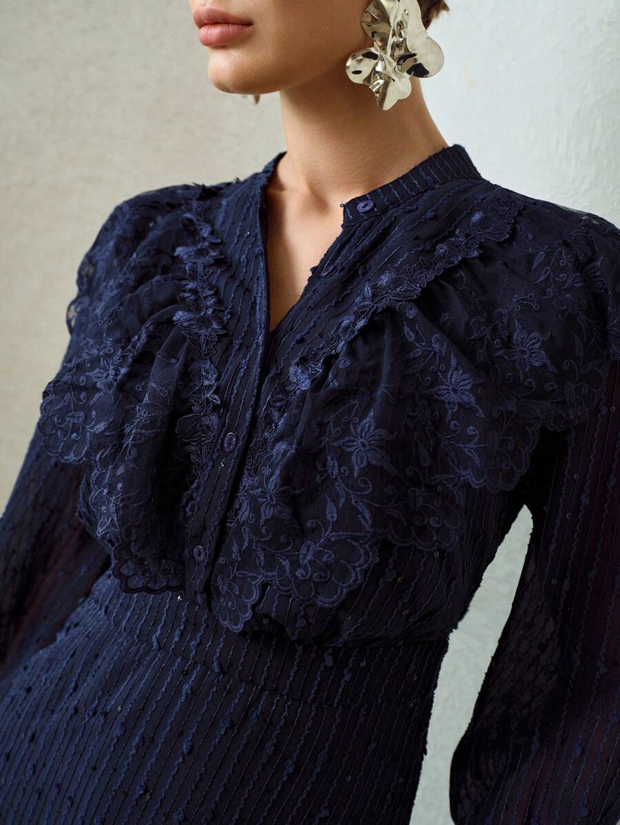 MOTF PREMIUM 纯色纹理刺绣网眼荷叶边饰鱼尾下摆长裙 - 寶藍色 - 查看 2