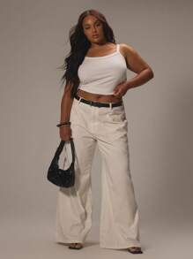 MUSERA Quần jeans ống rộng cạp thấp màu xanh nhạt cỡ lớn, thích hợp mặc hàng ngày, đi chơi, dạo phố, phong cách Y2K, thập niên 2000, thời trang đường phố, phong cách đường phố, dịp lễ. - trắng - Xem 1