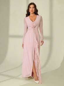 SHEIN Tall Nuevo vestido elegante con volantes, lazo decorativo, flores 3D, y escote profundo en V de malla sexy - Rosa - Ver 1