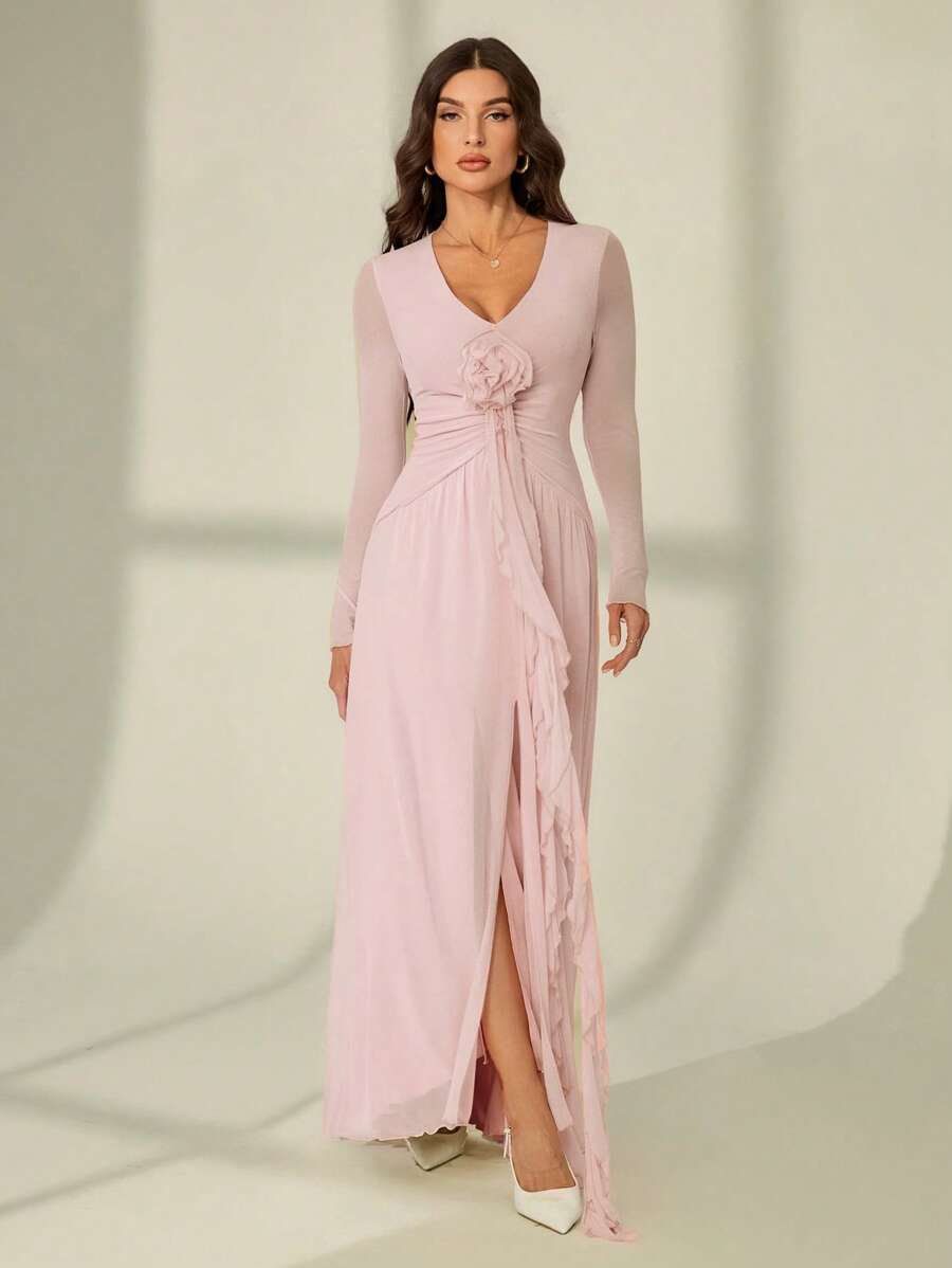 SHEIN Tall Nuevo vestido elegante con volantes, lazo decorativo, flores 3D, y escote profundo en V de malla sexy - Rosa - Ver 1