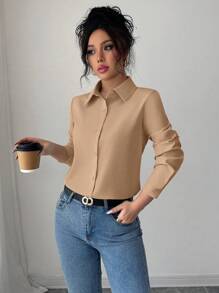 Selianne Women's Solid Color Minimalist Long Sleeve Shirt, Casual Daily Wear Fall Cloth For Women - Khaki - View 5